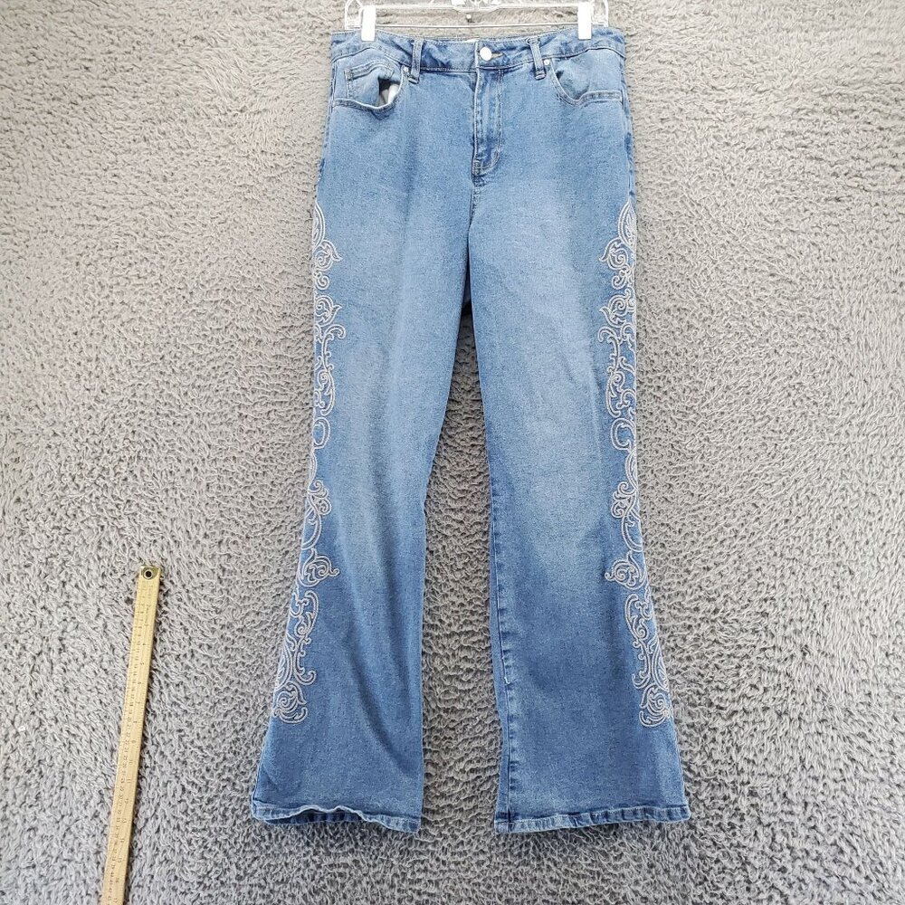Cato Jeans Womens Size 12 Blue Embroidered Flared Stretch Denim Pants Boho